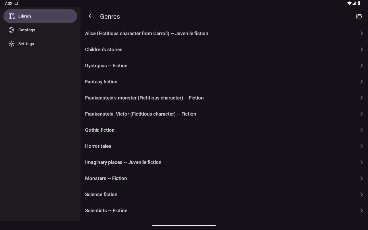 Library Genres, Android Tablet