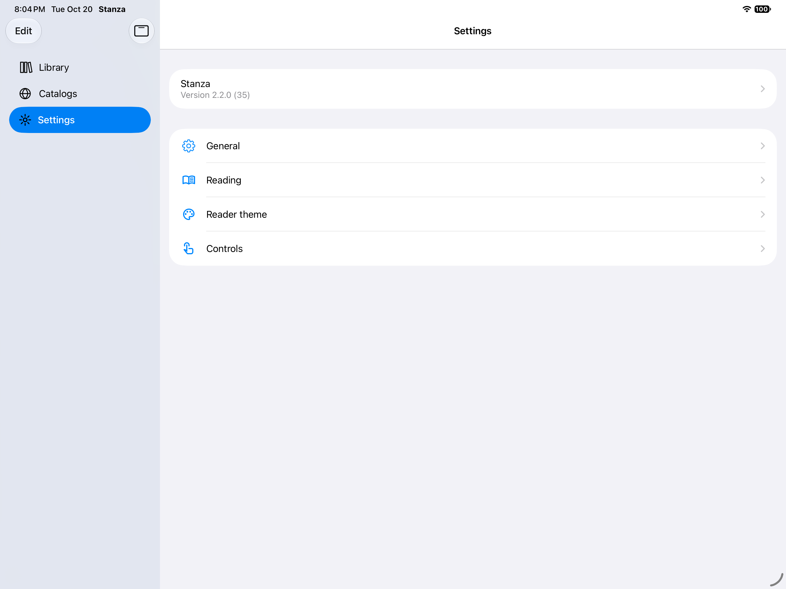Settings Page, iOS iPad